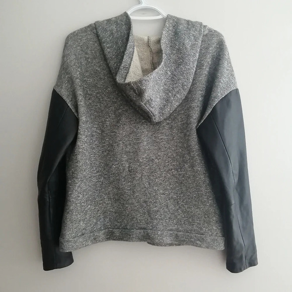Maje French Terry Hoodie Black Leather Sleeves Heathered Gray Maje 2 or Medium - Picture 3 of 16